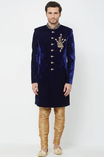 Dark blue velvet straight handwork sherwani for men's