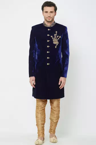 Dark blue velvet straight handwork sherwani for men's