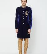 Dark blue velvet straight handwork sherwani for men's