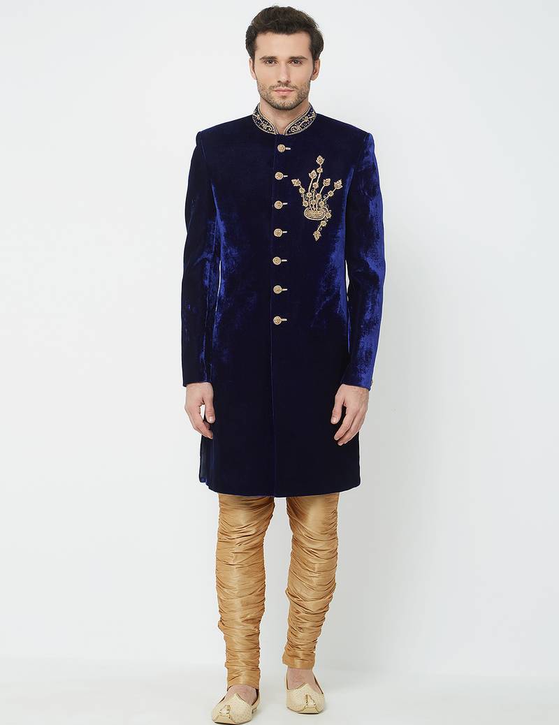 Dark blue velvet straight handwork sherwani for men's