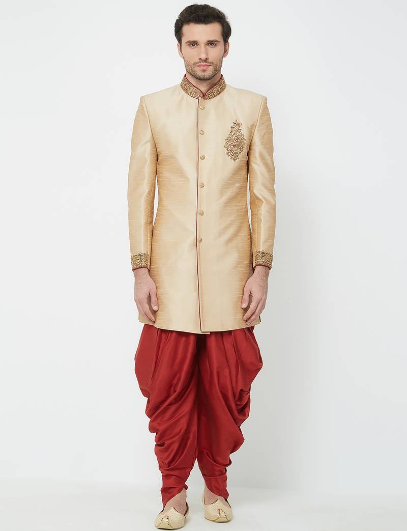 Chiku art silk straight handwork sherwani for men's