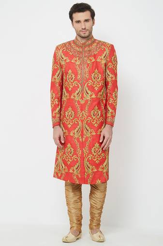 Red art silk straight embroidery with handwork sherwani for men's