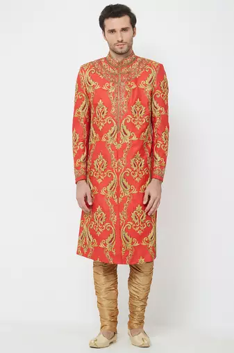 Red art silk straight embroidery with handwork sherwani for men's
