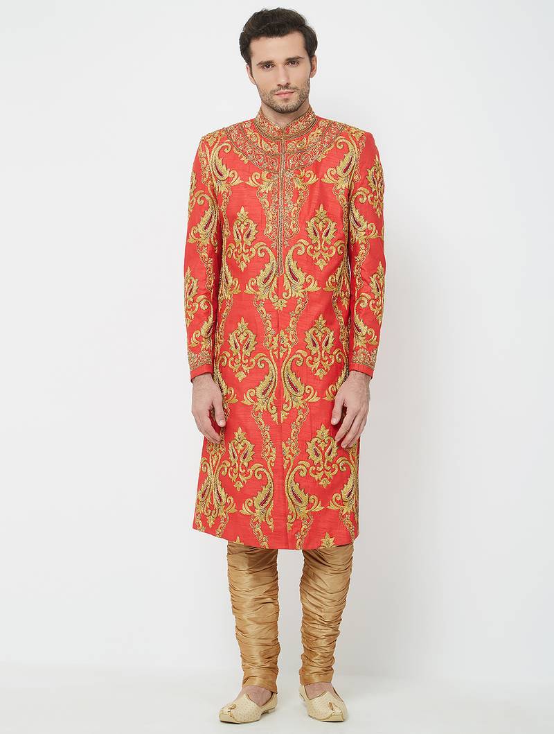 Red art silk straight embroidery with handwork sherwani for men's