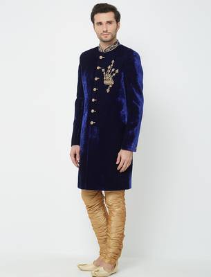 Dark blue velvet straight handwork sherwani for men's 2