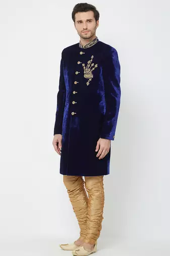 Dark blue velvet straight handwork sherwani for men's