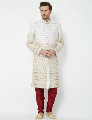 Cream Art silk straight handwork sherwani for men's 5