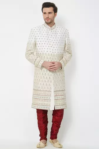 Cream art silk straight handwork sherwani for men's