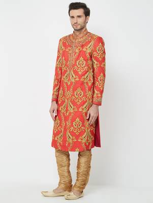 Red Art silk straight embroidery with handwork sherwani for men's 2