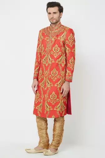 Red art silk straight embroidery with handwork sherwani for men's