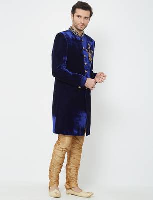 Dark blue velvet straight handwork sherwani for men's 3