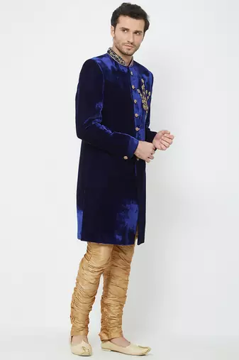 Dark blue velvet straight handwork sherwani for men's