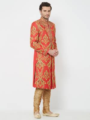 Red Art silk straight embroidery with handwork sherwani for men's 3