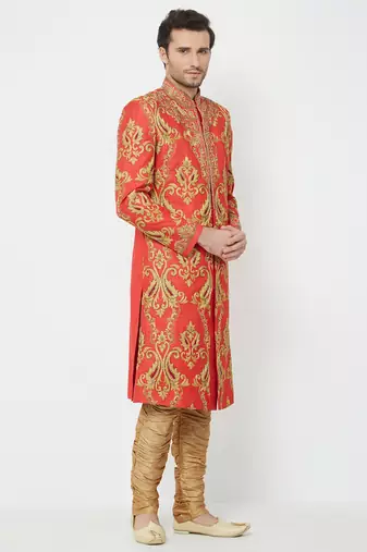 Red art silk straight embroidery with handwork sherwani for men's