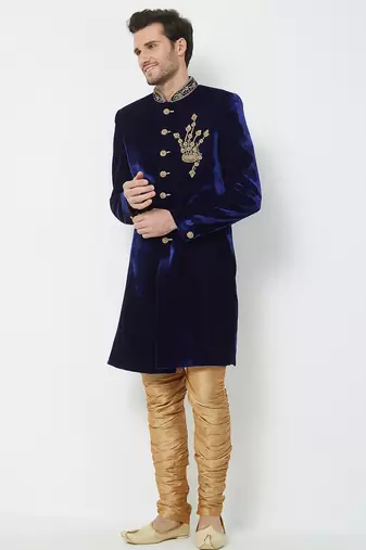 Dark blue velvet straight handwork sherwani for men's