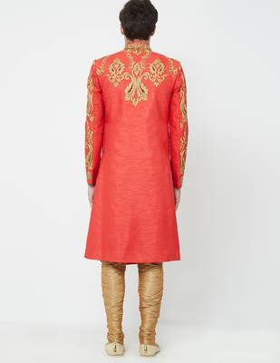 Red Art silk straight embroidery with handwork sherwani for men's 4