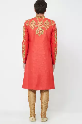 Red art silk straight embroidery with handwork sherwani for men's