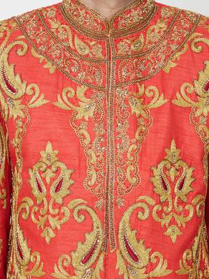 Red Art silk straight embroidery with handwork sherwani for men's 5