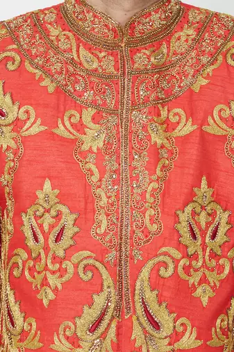 Red art silk straight embroidery with handwork sherwani for men's
