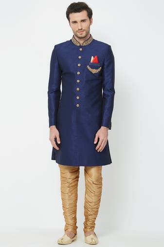 Navy blue art silk straight handwork sherwani for men's