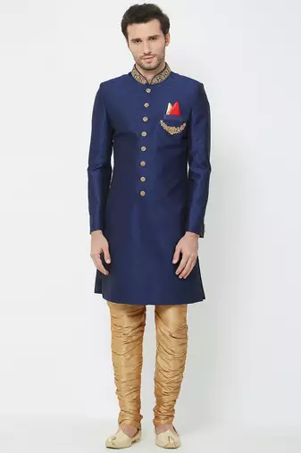 Navy blue art silk straight handwork sherwani for men's