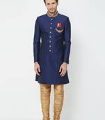 Navy blue art silk straight handwork sherwani for men's