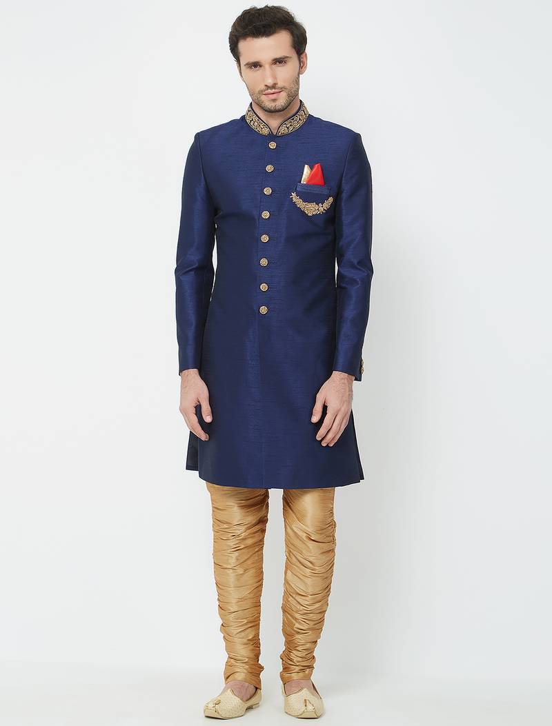 Navy blue art silk straight handwork sherwani for men's