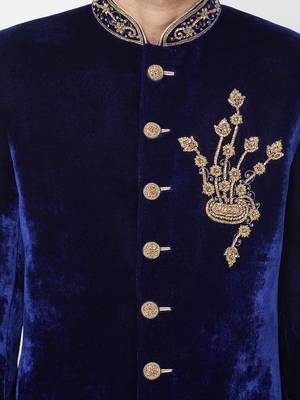 Dark blue velvet straight handwork sherwani for men's 5