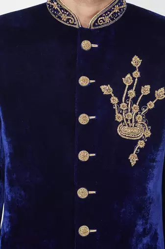 Dark blue velvet straight handwork sherwani for men's