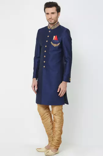 Navy blue art silk straight handwork sherwani for men's