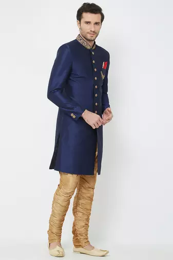 Navy blue art silk straight handwork sherwani for men's