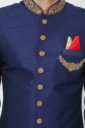 Navy blue art silk straight handwork sherwani for men's