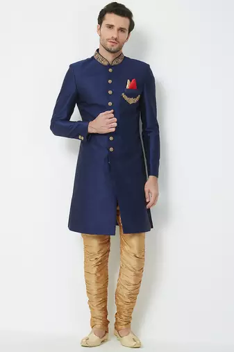 Navy blue art silk straight handwork sherwani for men's