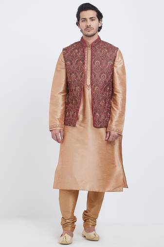 Grey art silk straight embroidery nehru jacket & kurta for men's