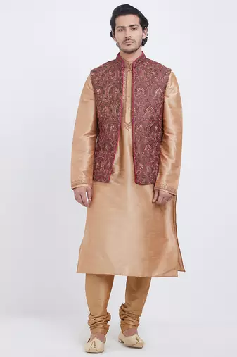 Grey art silk straight embroidery nehru jacket & kurta for men's