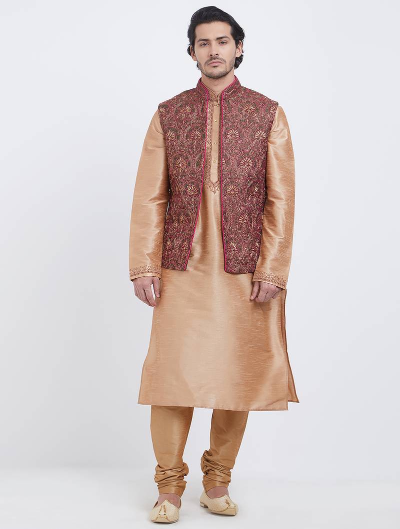 Grey art silk straight embroidery nehru jacket & kurta for men's