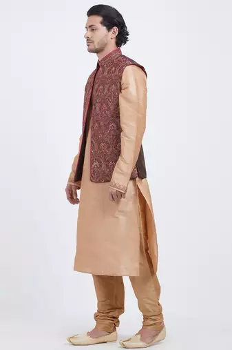 Grey art silk straight embroidery nehru jacket & kurta for men's