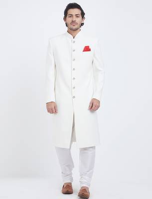 Off white art silk straight plain navabi sherwani for men's 1