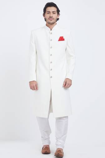 Off white art silk straight plain navabi sherwani for men's