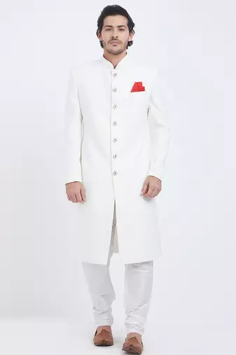 Off white art silk straight plain navabi sherwani for men's