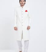 Off white art silk straight plain navabi sherwani for men's