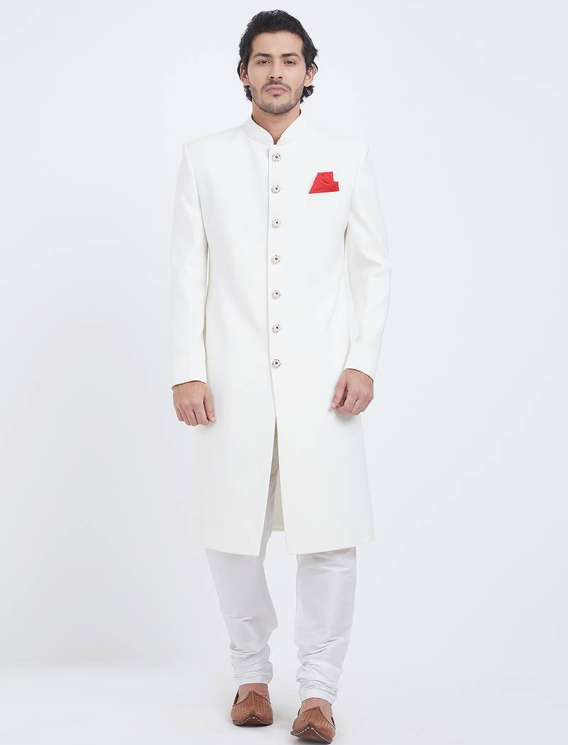 Off white art silk straight plain navabi sherwani for men's