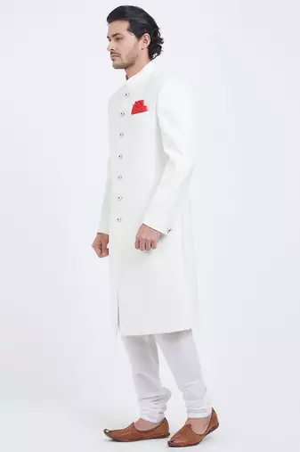 Off white art silk straight plain navabi sherwani for men's