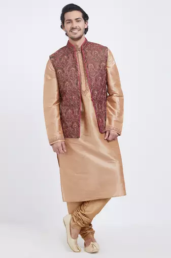 Grey art silk straight embroidery nehru jacket & kurta for men's
