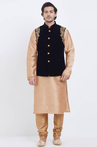 Black velvet straight handwork nehru jacket & kurta for men's