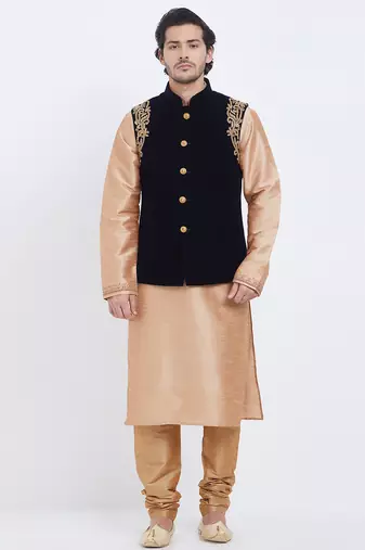Black velvet straight handwork nehru jacket & kurta for men's
