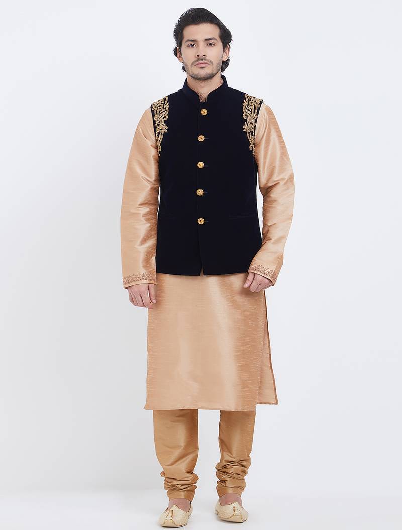 Black velvet straight handwork nehru jacket & kurta for men's