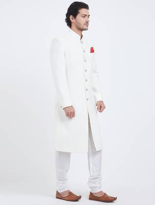 Off white art silk straight plain navabi sherwani for men's 3
