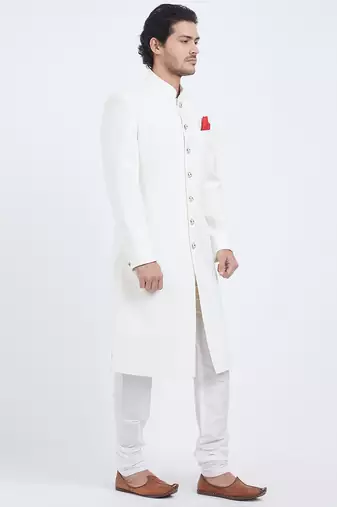 Off white art silk straight plain navabi sherwani for men's