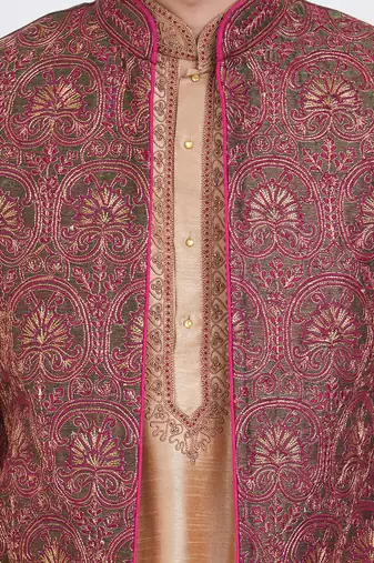Grey art silk straight embroidery nehru jacket & kurta for men's